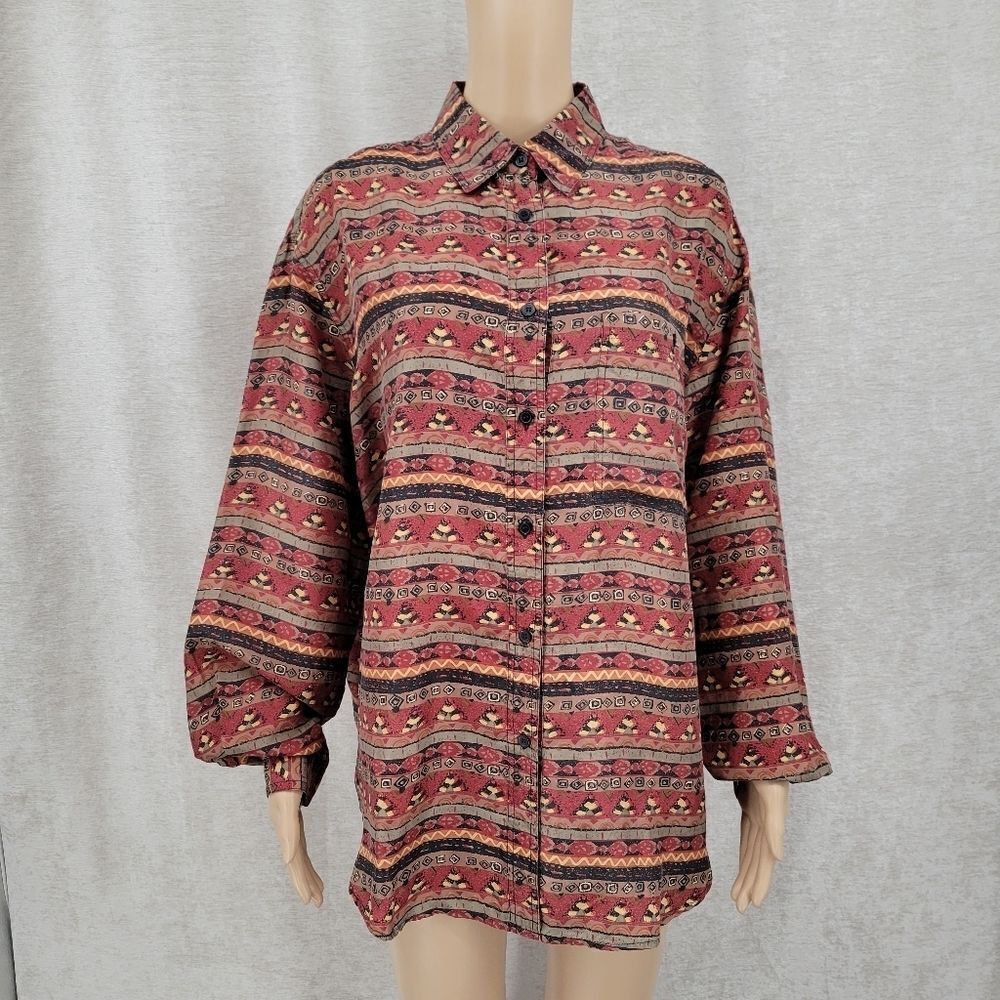 K Arnold Vintage Southwestern Tribal Silk Button Down Shirt Women's Large